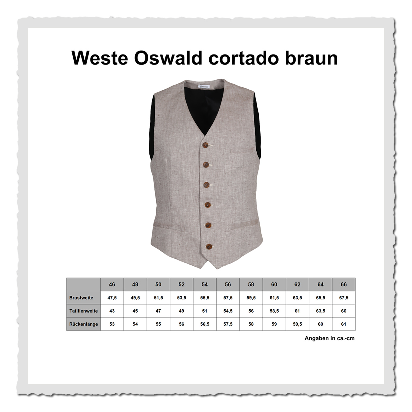 Größentabelle zur Weste Oswald Cortado-Braun mit Produktfoto und Maßangaben auf weißem Hintergrund.